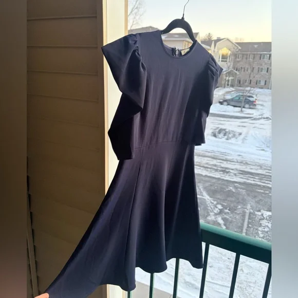 🆕 AQUA Navy Blue Flutter Sleeve Fit & Flare Dress XS Stretchy Short Sleeve Midi - Picture 5 of 15